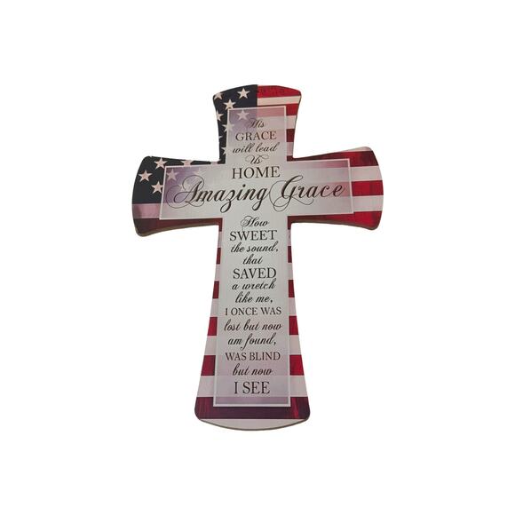 Amazing Grace Patriotic Cross Sign | American Flag and Hymn Wall Decor - Picture 2 of 4